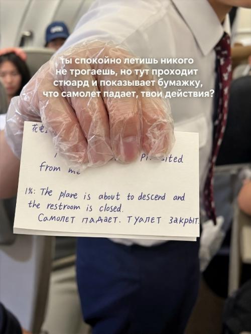 Стюард китайской авиакомпании решил на русском объяснить пассажирам, почему сейчас нельзя идти в туалет, и выдал фразу: самолёт падает. 01
