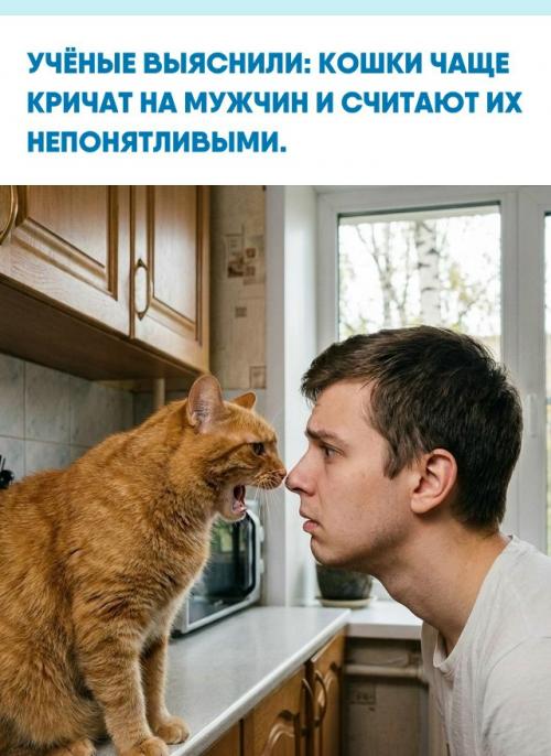 В эксперименте выяснилось, что на мужчин кошки мяукают в 2, 5 раза чаще, чем на женщин.