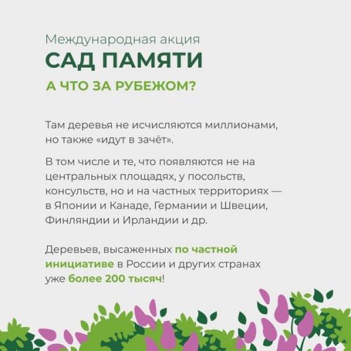 Международная акция садпамяти установила новый рекорд: высажено более 27 млн деревьев в память о погибших во время великой отечественной войны. 05
