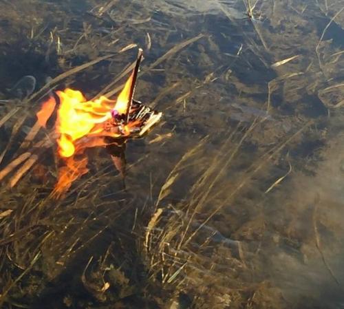 Умершей аквариумной рыбке устроили похороны в стиле древних викингов - с уплывающей горящей ладьей. 04