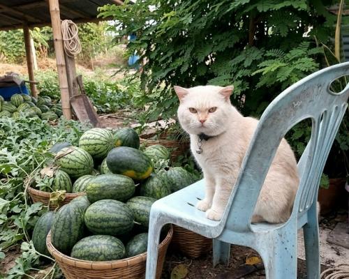 На тайской ферме появился самый ленивый Работник урожая - кот перл, который каждый день устраивается среди арбузов с видом главного контролёра. 03