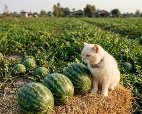 На тайской ферме появился самый ленивый Работник урожая - кот перл, который каждый день устраивается среди арбузов с видом главного контролёра. 01