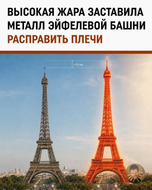 Из-за аномальной жары эйфелева башня выросла на 10 сантиметров.
