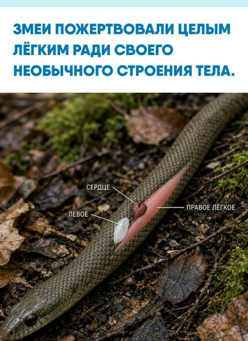 У большинства змей практически нет левого лёгкого, хотя у их далёких предков дыхательная система была парной.  