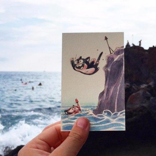 Забавные акварельные иллюстрации о путешествии котов. 04