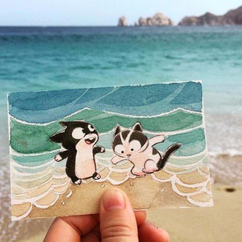 Забавные акварельные иллюстрации о путешествии котов. 03