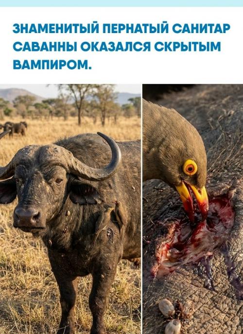 Желтоклювый буйволовый скворец прославился как главный чистильщик Африки, спасающий носорогов, жирафов и буйволов от полчищ опасных клещей.  
