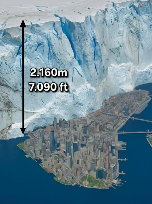 Средняя толщина льда в Антарктиде составляет невероятные 2, 16 км (1, 34 мили) - представьте себе стену льда, возвышающуюся над всем манхэт. 

