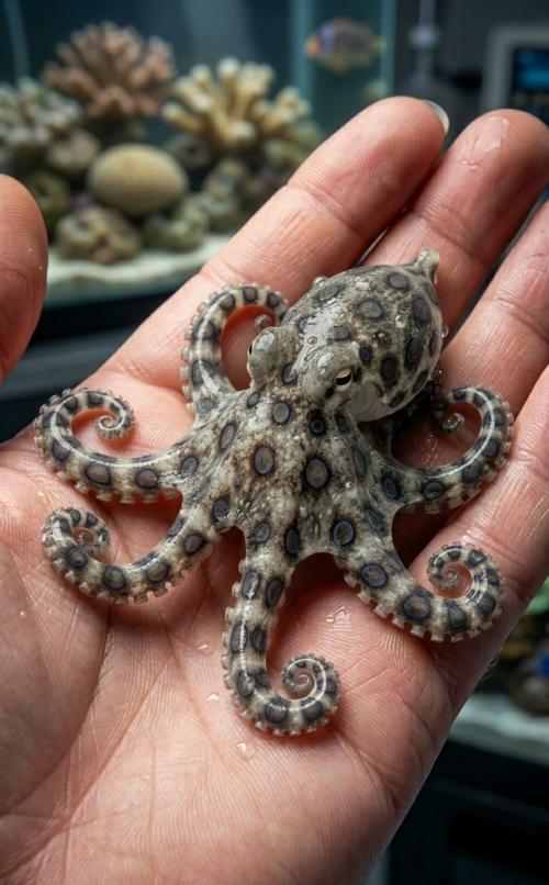 Мужчина нашел синекольчатого осьминога и решил заснять взаимодействие на камеру, чтобы похвастаться перед супругой. 01