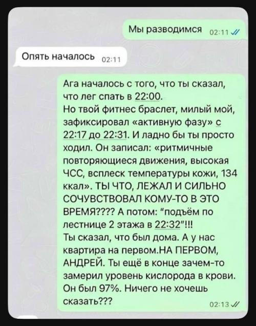Жена написала мужу мы Разводимся и приложила данные фитнес - браслета. 01