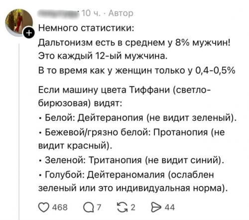 В соцсетях завирусился новый тест на дальтонизм среди мужиков: девушки отправляют своим парням фотографию машины и спрашивают, какого она цвета. 02
