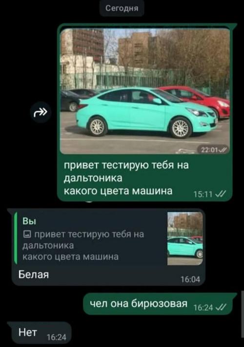 В соцсетях завирусился новый тест на дальтонизм среди мужиков: девушки отправляют своим парням фотографию машины и спрашивают, какого она цвета. 09