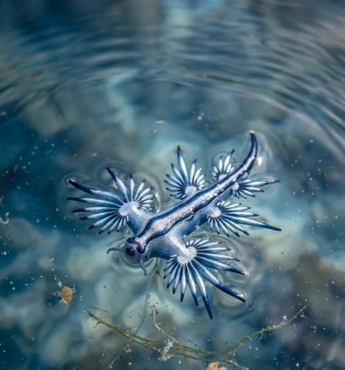 Glaucus Atlanticus - крошечный морской слизень длиной всего несколько сантиметров, который дрейфует у поверхности океана вверх ногами. 02